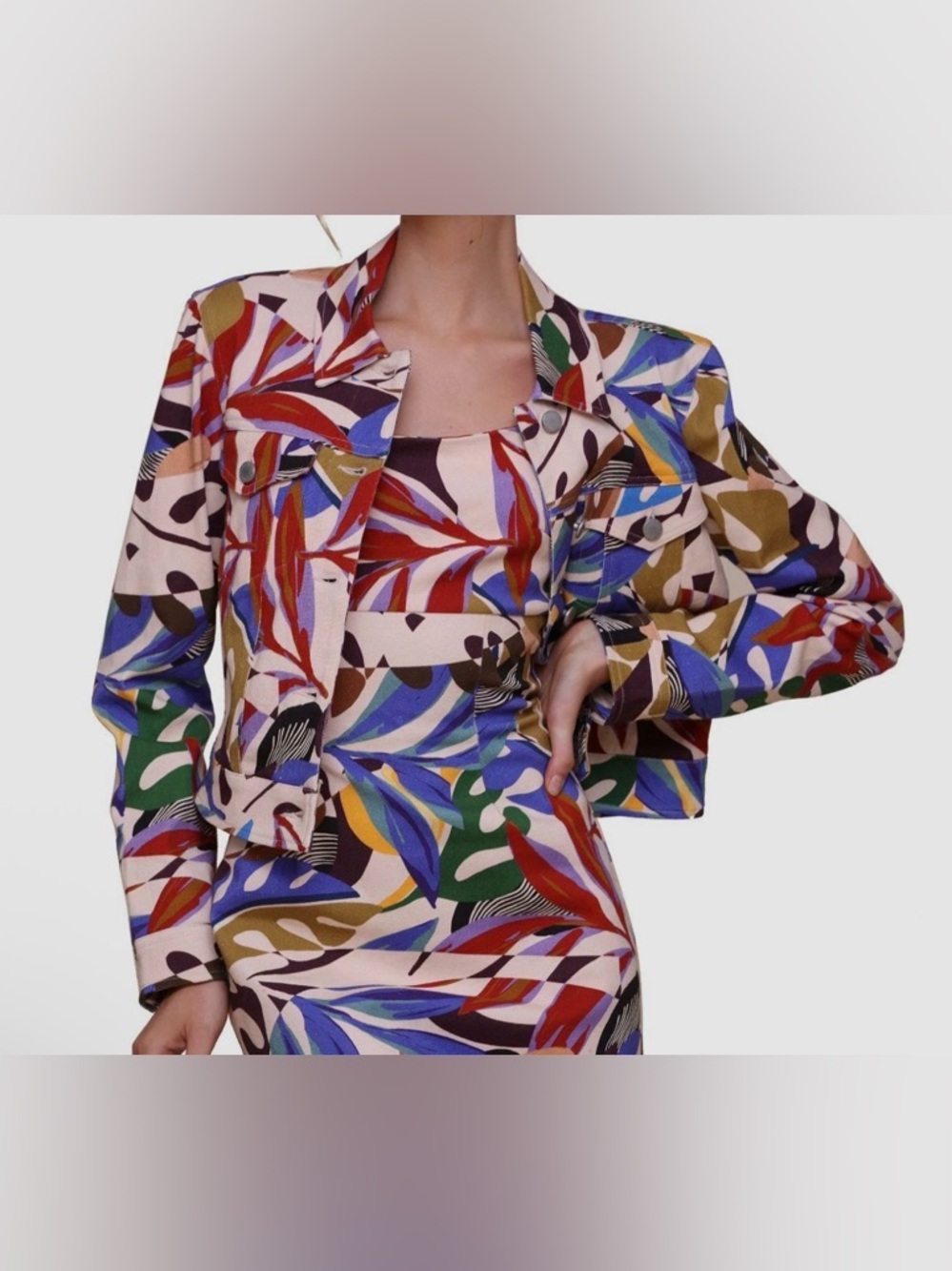 Avec Les Filles Women's Beige Printed Trucker Denim Jacket Size 14